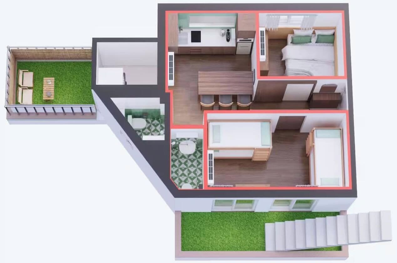 A modern apartment layout with a kitchen, dining area, two bedrooms, and a small balcony.
