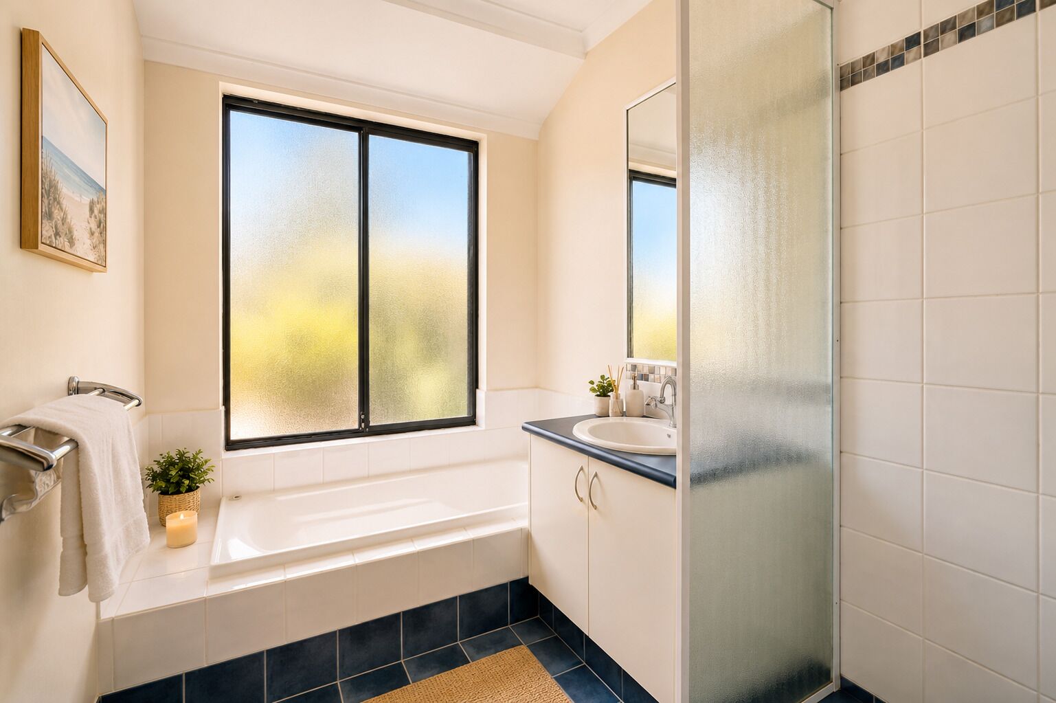 Un bagno con vasca, lavandino, una finestra e zona doccia.