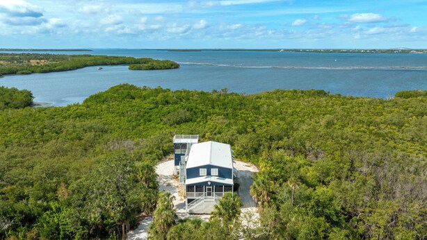 A house surrounded by dense forest with a view of a large body of water and a bridge in the distance. - Spacious Waterfront Home_Sleeps 16_7BR_Spacious (Palmetto)