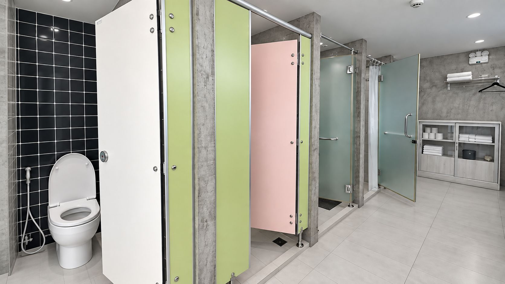 A modern bathroom with a toilet, a shower stall, and a vanity with a mirror.