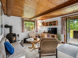 Una sala de estar acogedora con chimenea, un sofá, un televisor y un comedor.