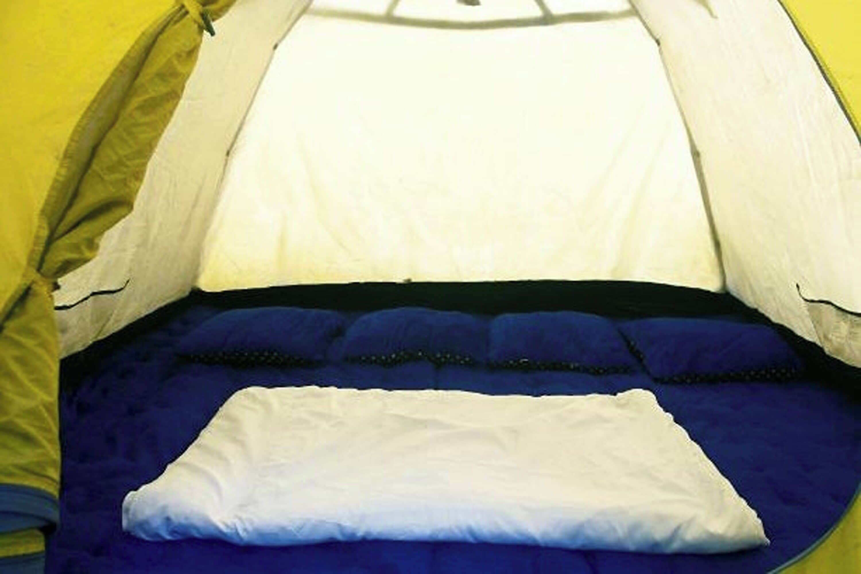 A tent with a bed inside.
