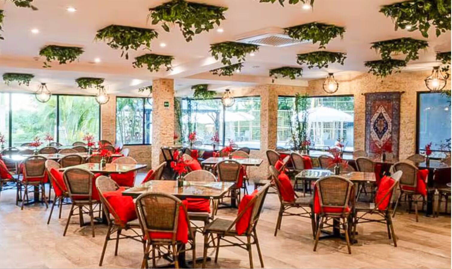 A restaurant with indoor seating, large windows, and hanging plants.