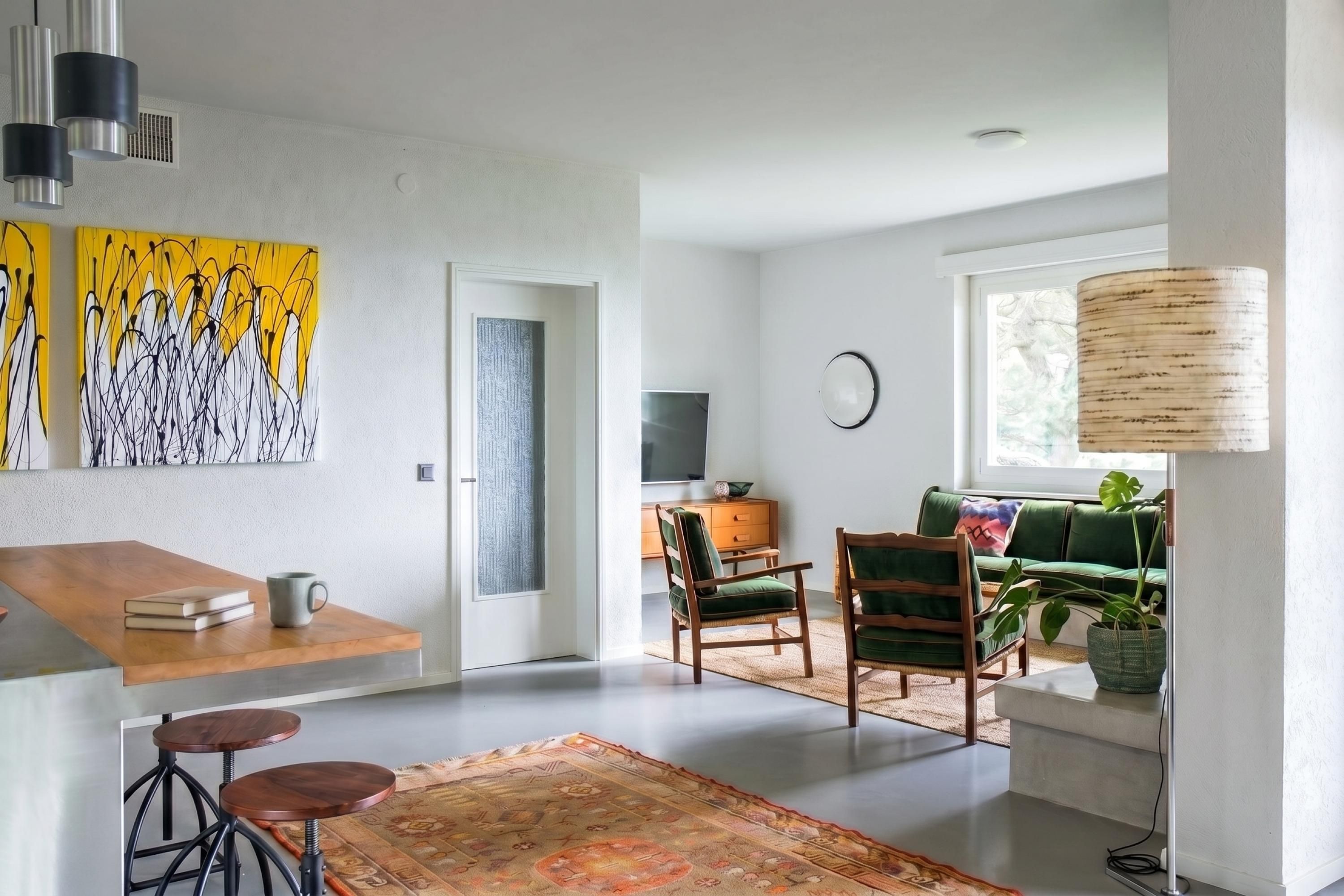 Ein modernes Wohnzimmer mit einer Couch, Sesseln, einem Couchtisch und Kunstwerken an der Wand.