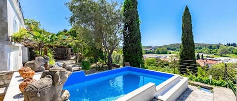 A swimming pool with a view of the countryside, surrounded by trees and a stone structure with elephant sculptures.