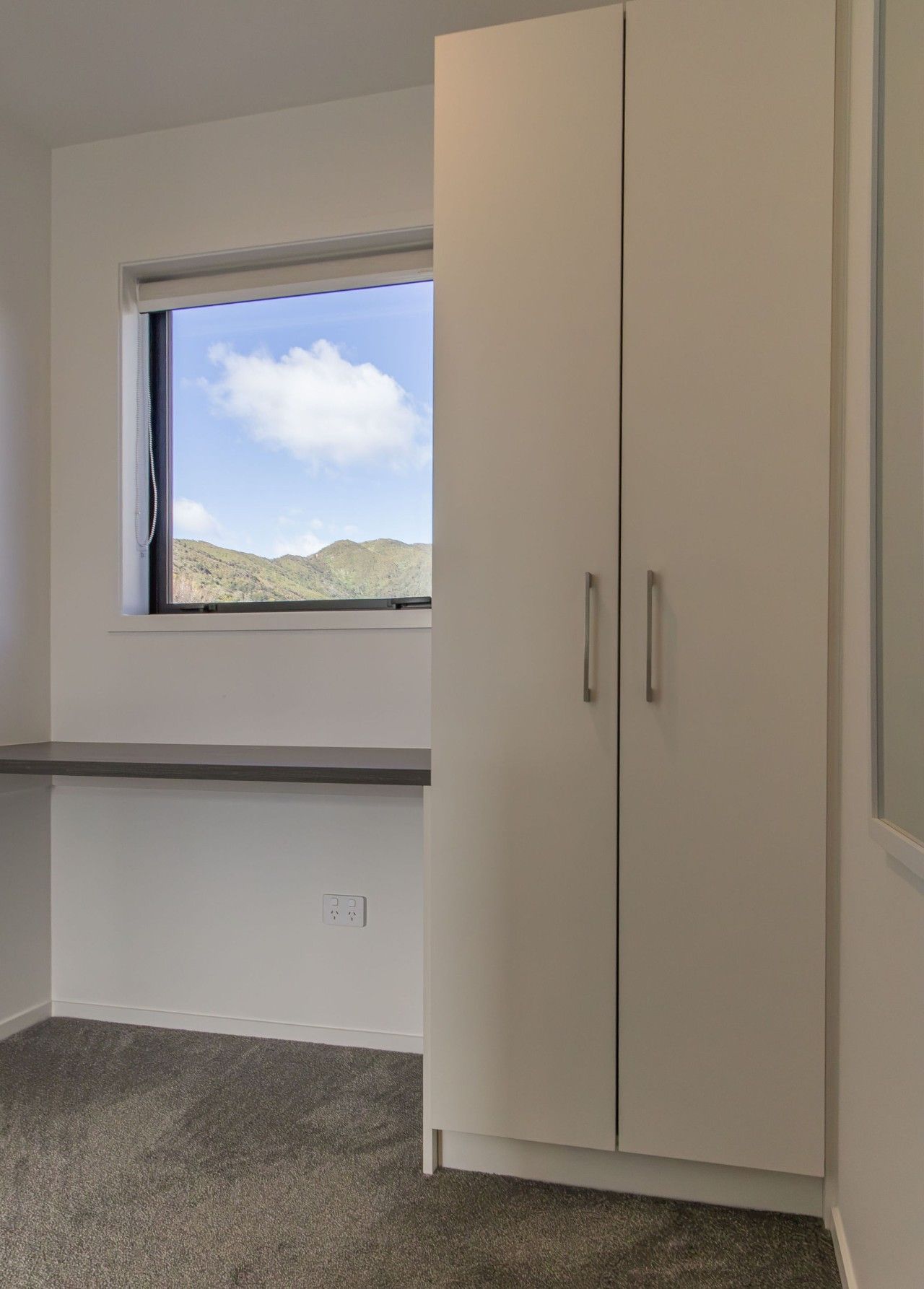 A room with a window, a wardrobe, and a carpeted floor.