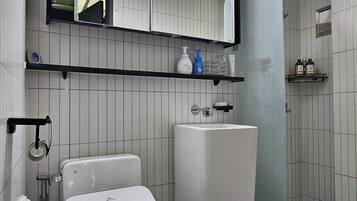 Shower, hair dryer, bidet, towels
