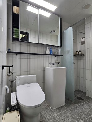 Regadera, secadora de cabello, bidet, toallas