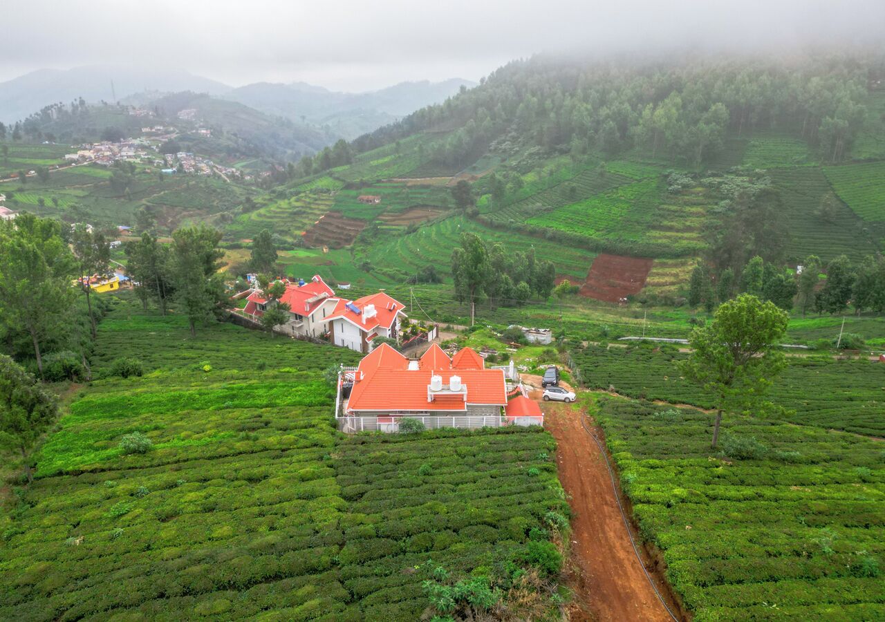 A rural landscape with terraced fields and a cluster of houses with red roofs.