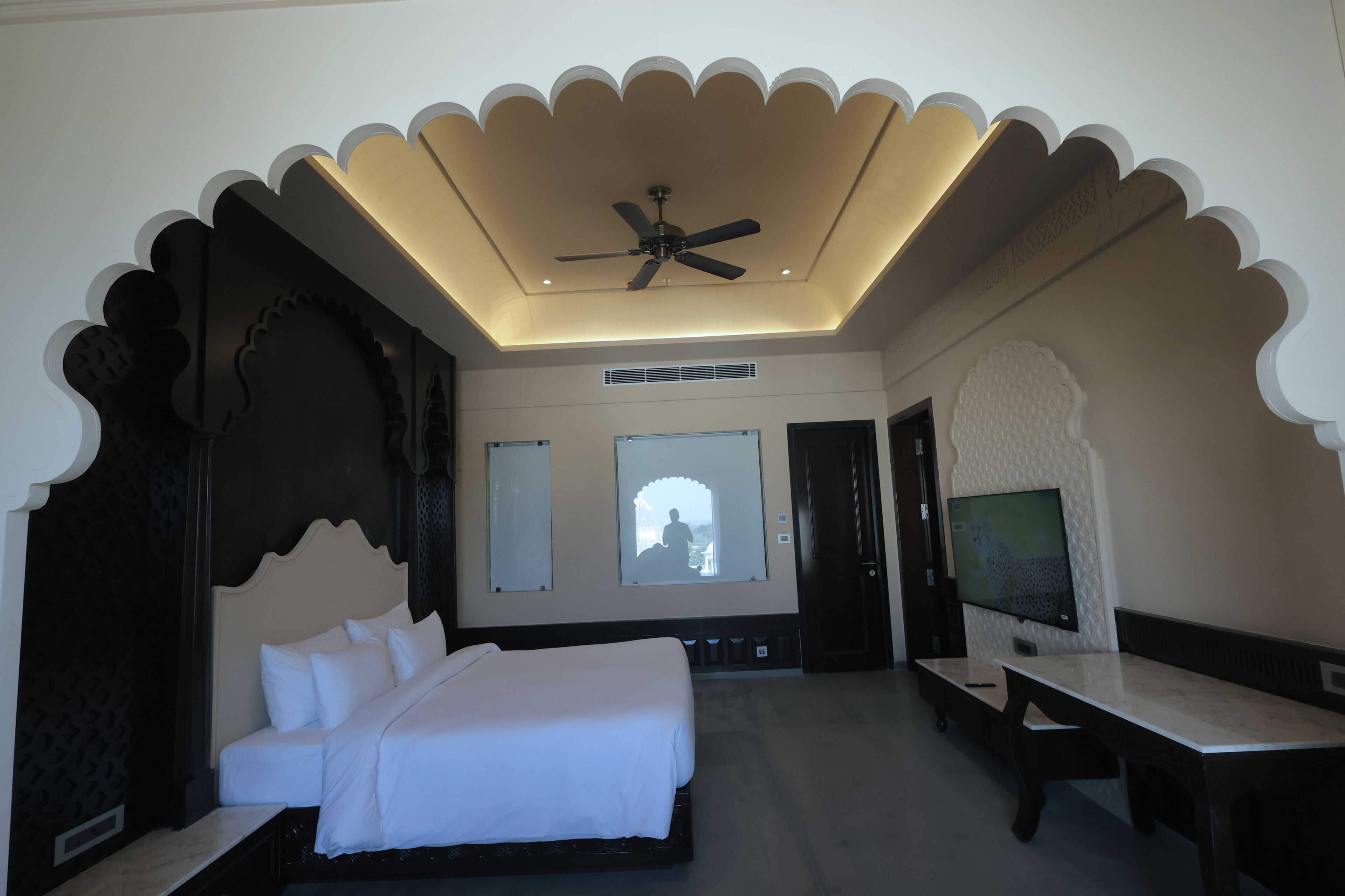 Una habitación de hotel con cama, ventilador de techo, televisor y vistas al exterior.