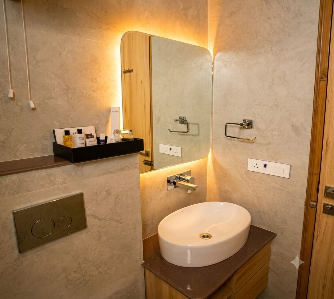 Un baño con un lavabo redondo, un espejo, un estante con artículos de aseo y un armario de madera.