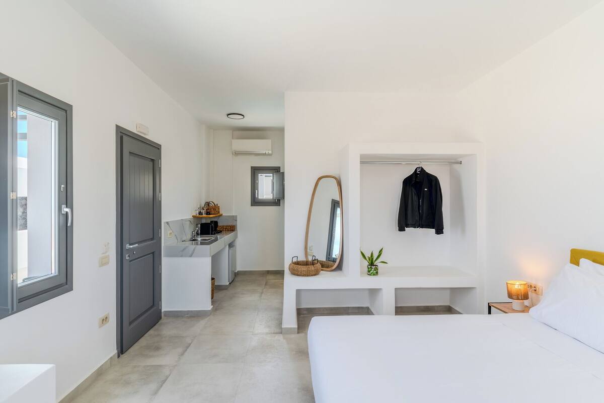 A hotel room with a bed, a desk with a chair, a mirror, a shelf with a plant, and a coat hanging on the wall.