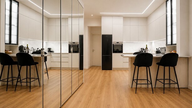 A modern kitchen with white cabinets, a black refrigerator, and wooden flooring. There are two black bar stools and a glass partition. - To Casa Krini είναιι ένα υπέροχο διαμέρισμα στο κέντρο του Ηρακλείου (Iraklio)