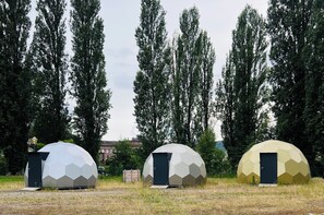 Three geodesic dome structures in an open field with tall trees in the background.