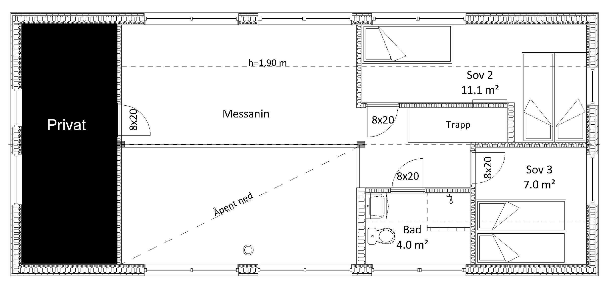 A floor plan with a private area, a Messanin, a trap, and three separate rooms (Sov 2, Sov 3, and Bad) with specified dimensions.