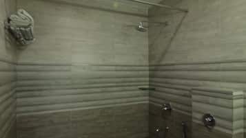 Shower, towels, soap, shampoo
