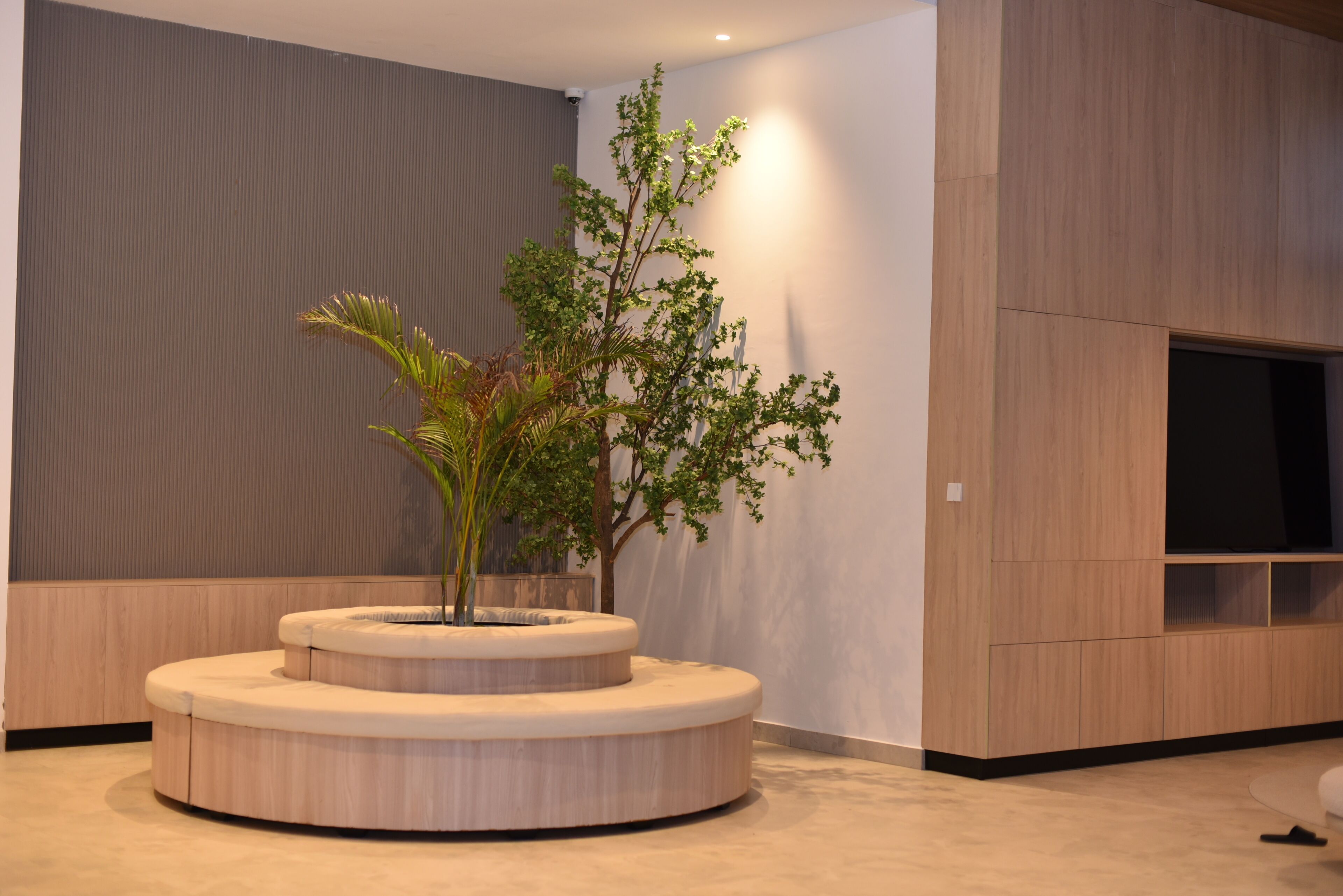 Una sala moderna con una mesa de centro redonda de madera, una planta en maceta y un mueble empotrado para la televisión.