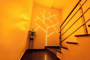 Una escalera con una instalación de luces geométricas en la pared y una planta en maceta.