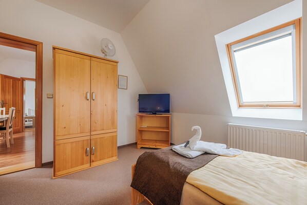 Un dormitorio con cama, televisión, armario, ventana y puerta que da a otra habitación.