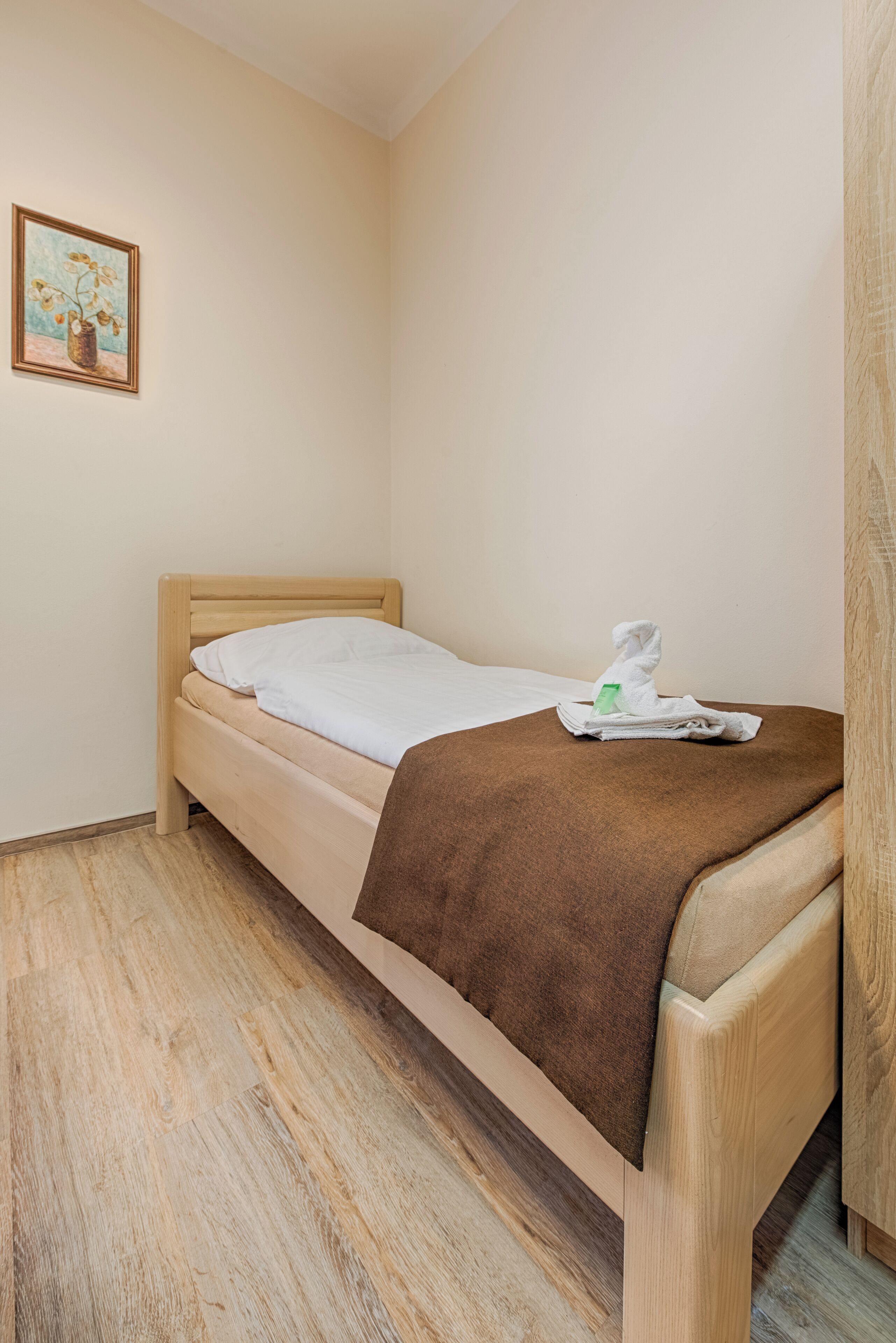 Een enkel bed met een houten frame, een wit matras en een bruine deken. Aan de muur hangt een klein schilderij en op het bed ligt een groen voorwerp.