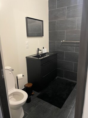 Regadera, toallas, jabón, papel de baño 
