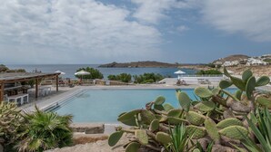 A pool area with a view of the sea, surrounded by cacti and a wooden pergola. - Traditional Mykonian Studio – Beachfront, Pool, Garden, Sea Views (Mykonos)
