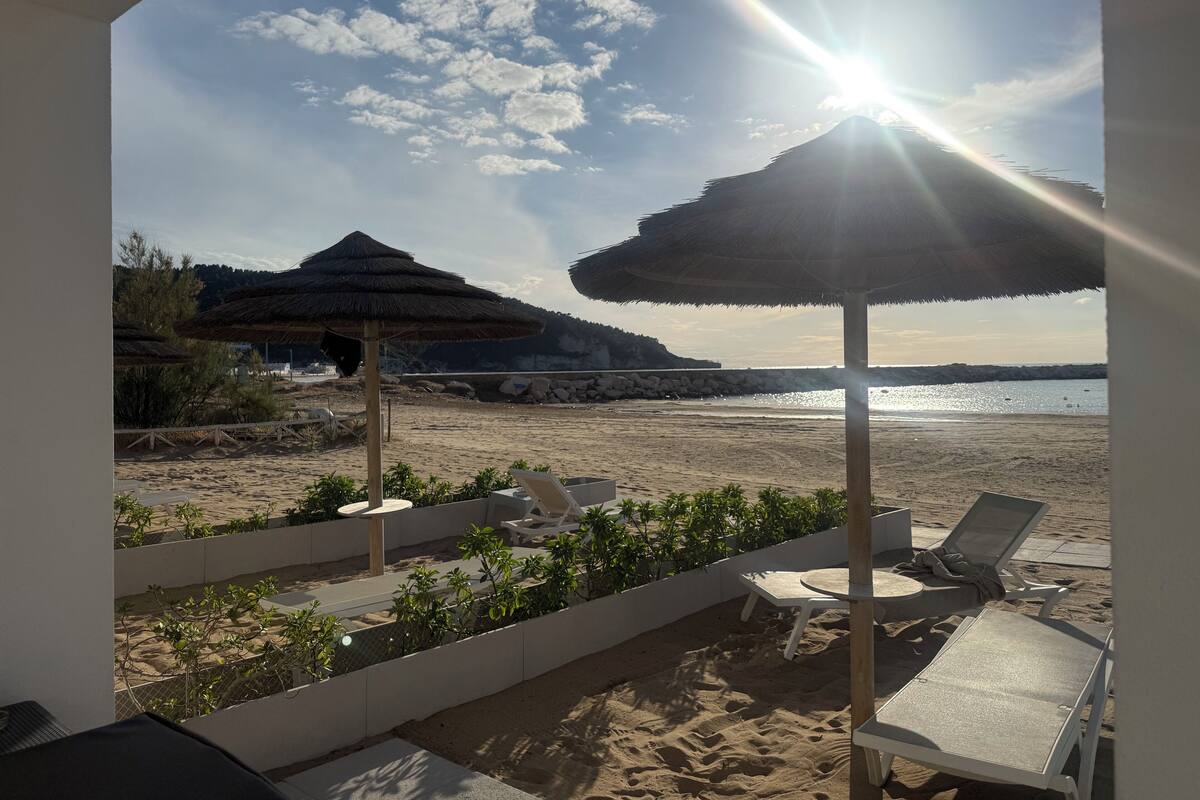 Vista de playa con sillas de descanso y sombrillas, cielo despejado y mar tranquilo.