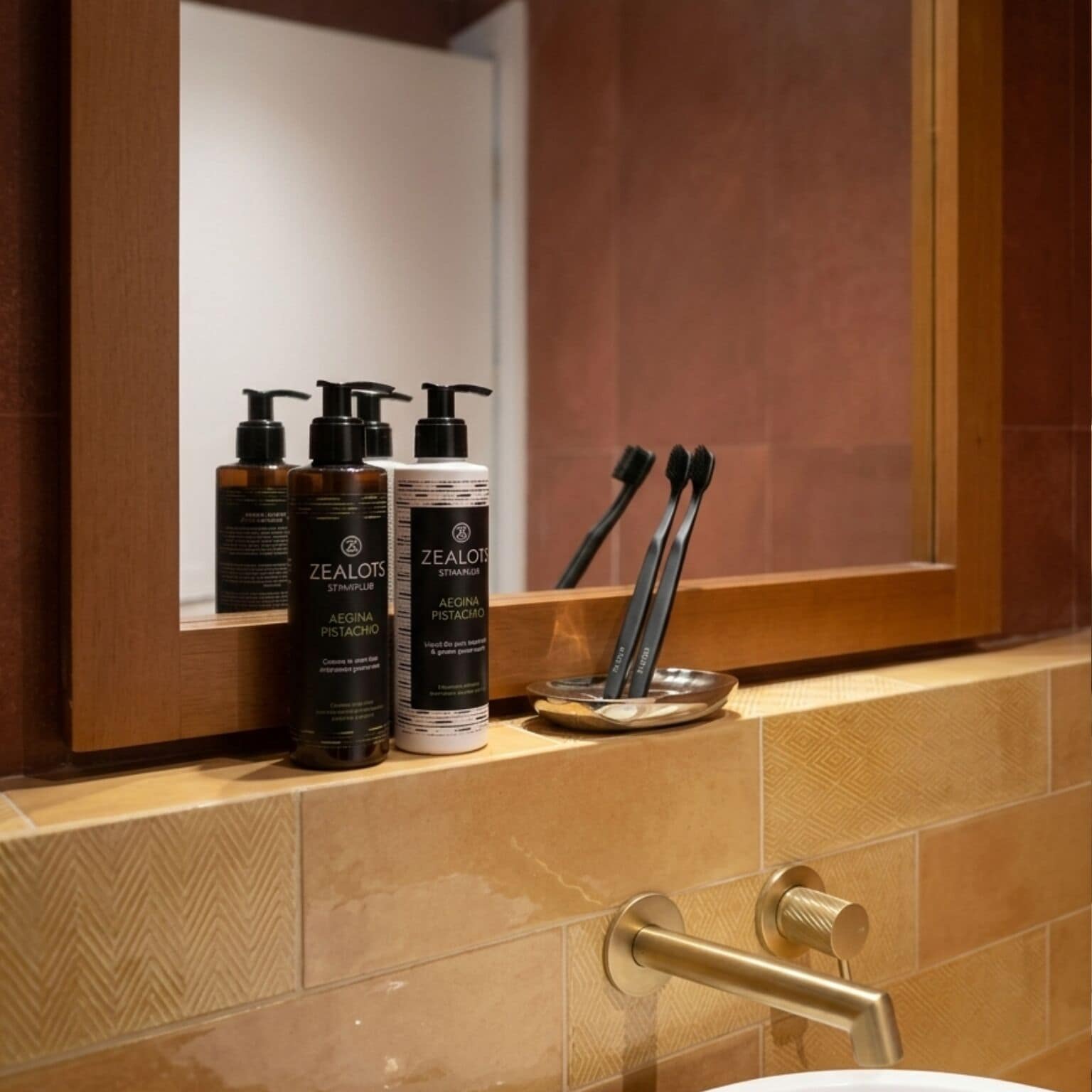 Een badkamer met een spiegel, toiletartikelen en een gouden kraan.