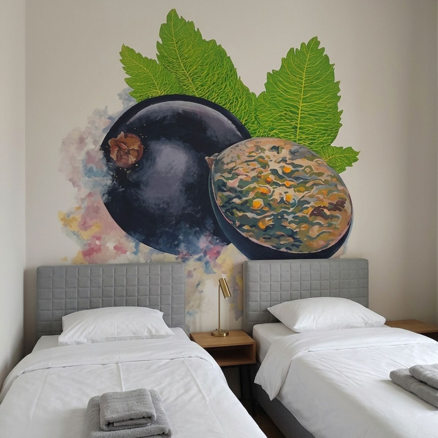 Habitación de hotel con dos camas, un mural de frutas en la pared y una mesita de noche con una lámpara.