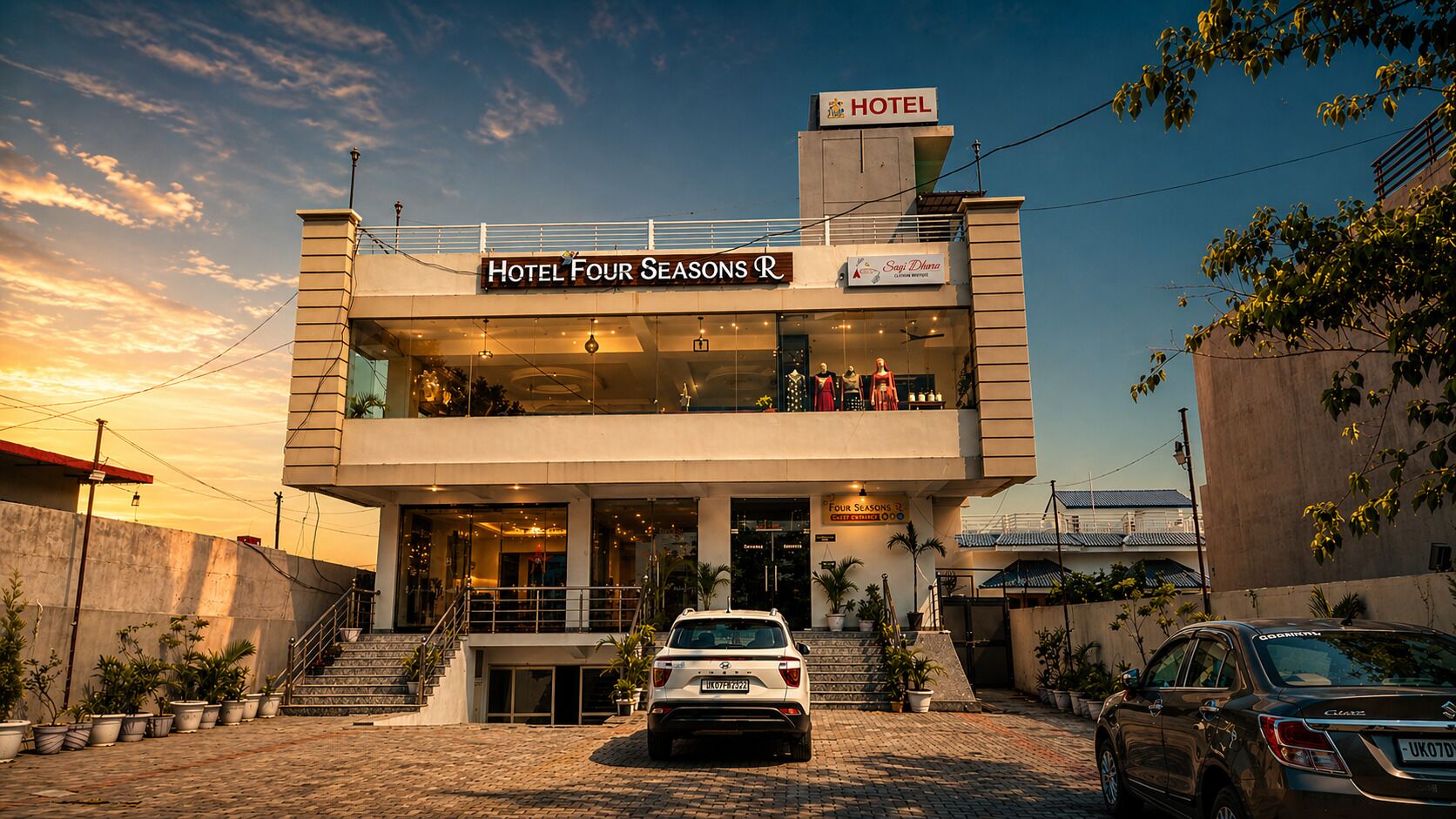 Un hôtel appelé « Hôtel Four Seasons R », doté d’un design moderne, avec une voiture garée devant et un escalier menant à l’entrée.