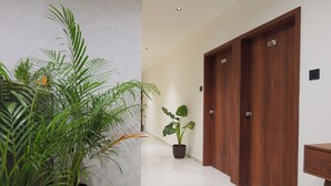 Um corredor com um vaso de planta, uma porta de madeira e um chão de mármore.