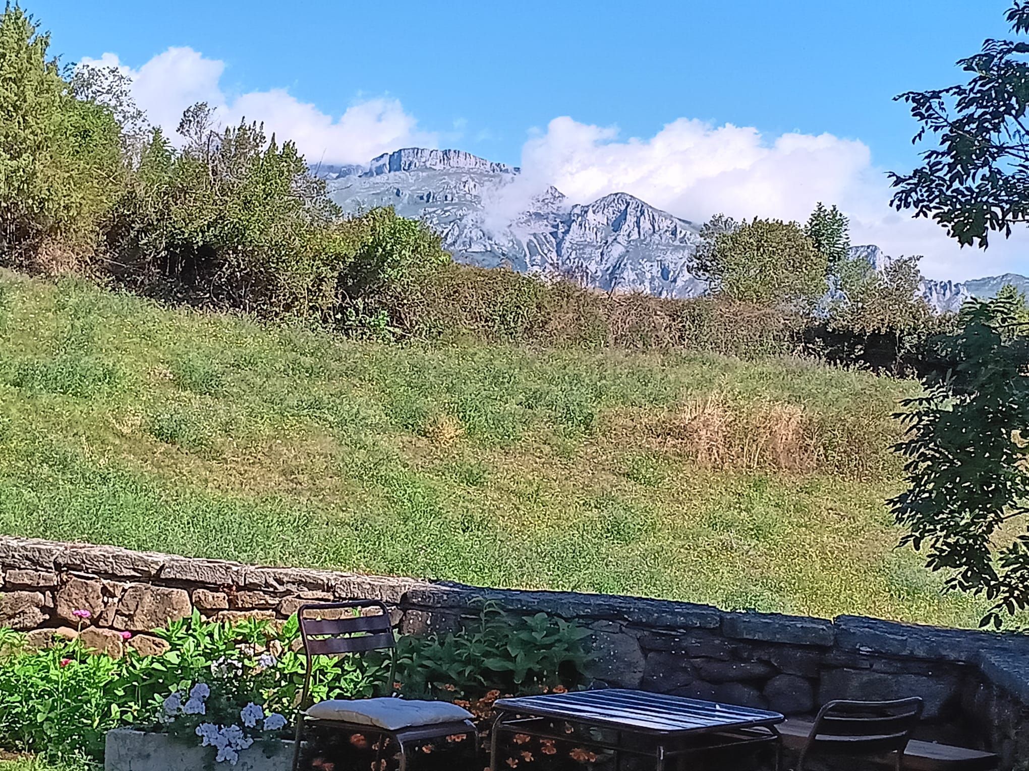 A stone wall with a bench and a table, overlooking a grassy hillside with trees and a mountain range in the distance.