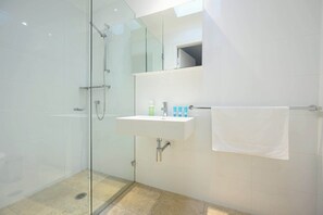 Dusche, Haartrockner, Handtücher, Shampoo
