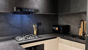Business Apartment | Private kitchen | Full-size fridge, microwave, electric kettle