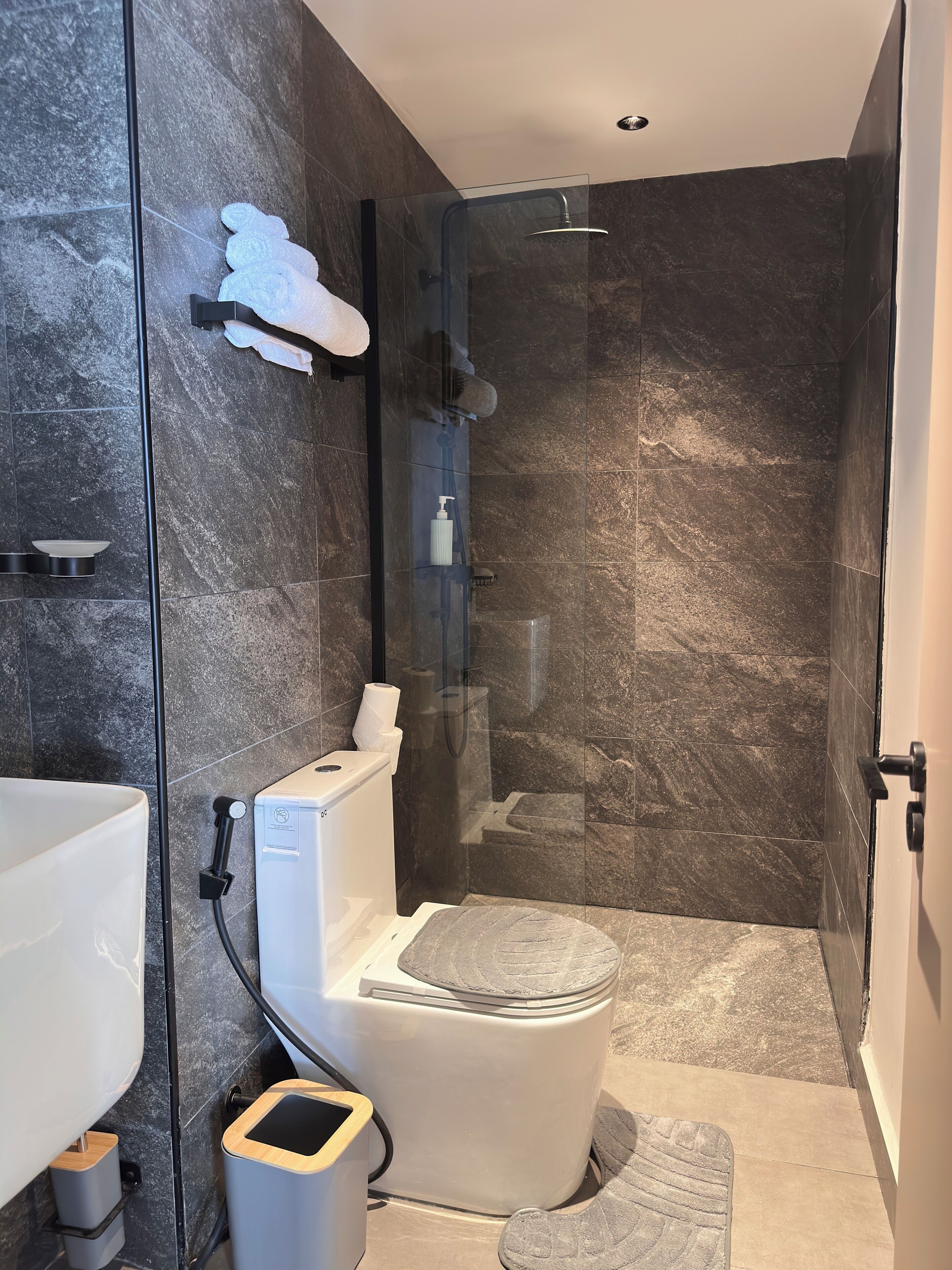 A modern bathroom with a glass-enclosed shower, a toilet, and a sink.