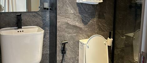 A modern bathroom with a white sink, a toilet, and a glass shower enclosure.
