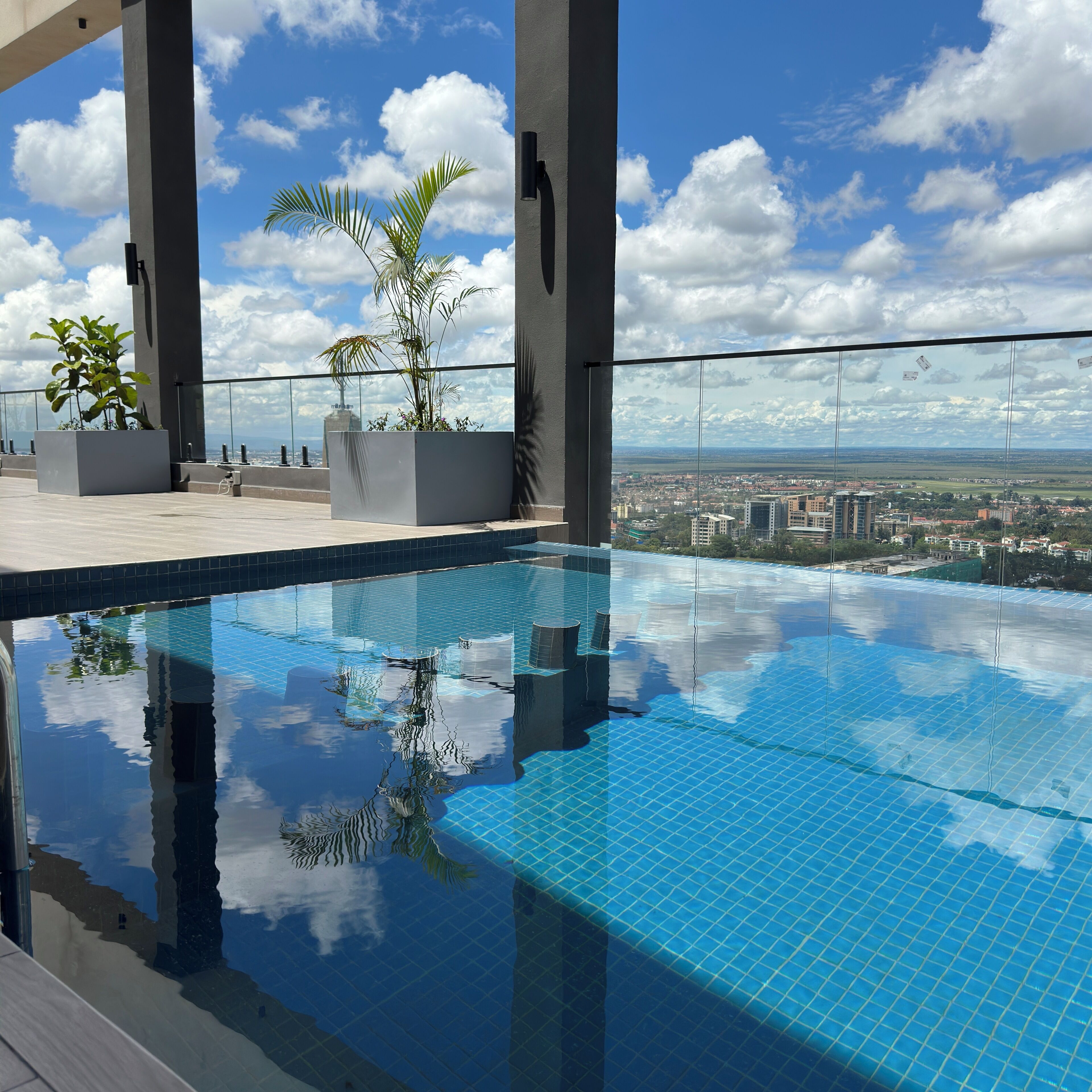 An infinity pool with a clear view of the cityscape, surrounded by potted plants and modern architecture.
