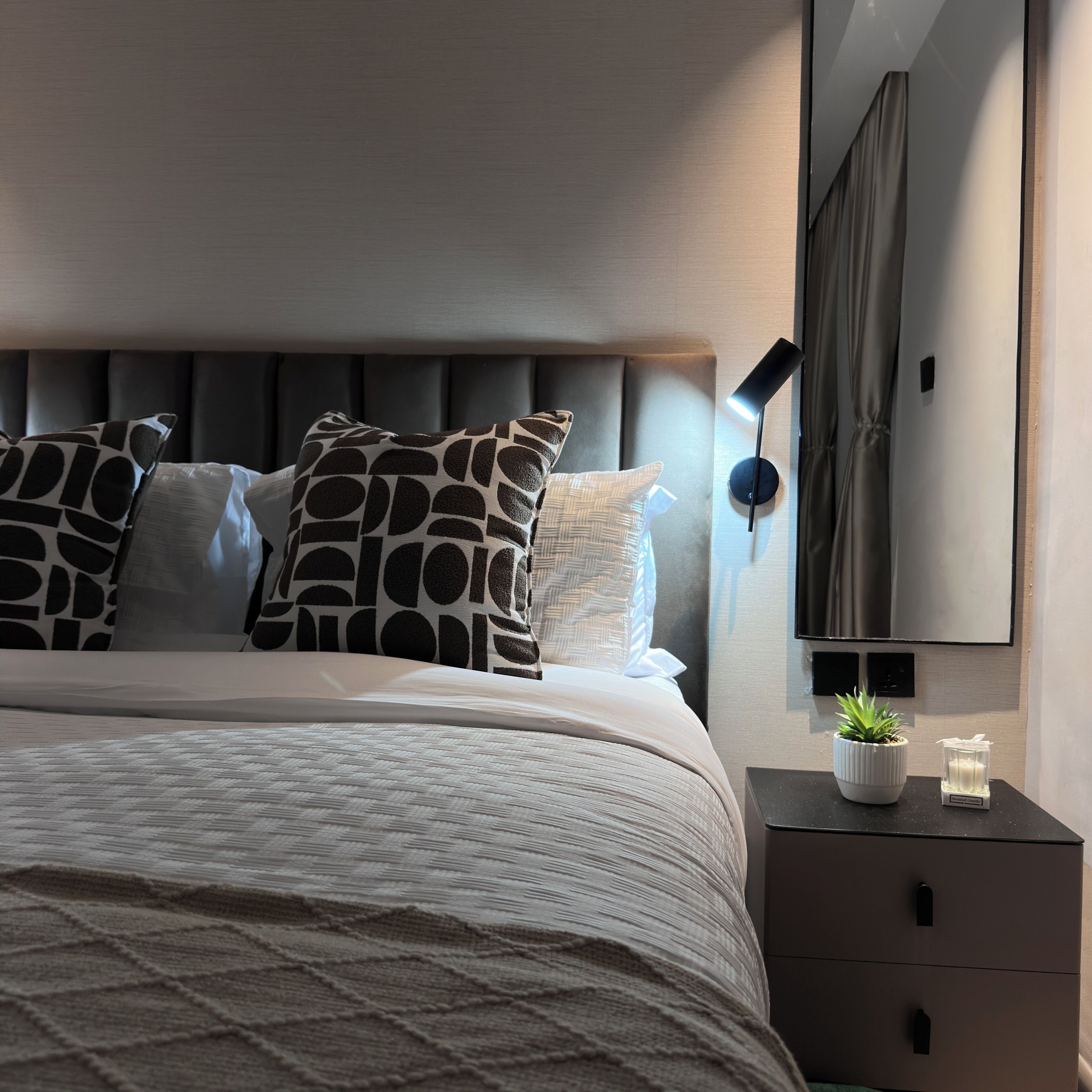 A modern bedroom with a bed, pillows, a bedside table with a plant, and a wall-mounted lamp.