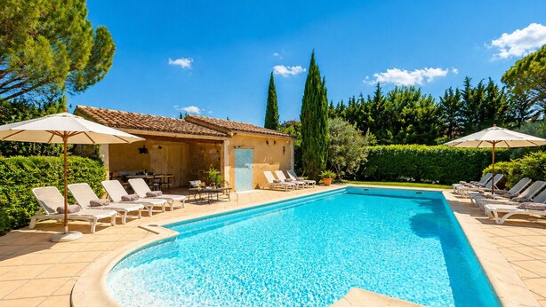 Ein Swimmingpool mit Liegestühlen und Sonnenschirmen, ein Gebäude mit einem Ziegeldach und ein gepflegter Garten.