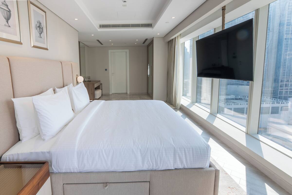 Minibar, desk, laptop workspace, iron/ironing board