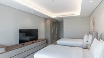 Minibar, desk, laptop workspace, iron/ironing board