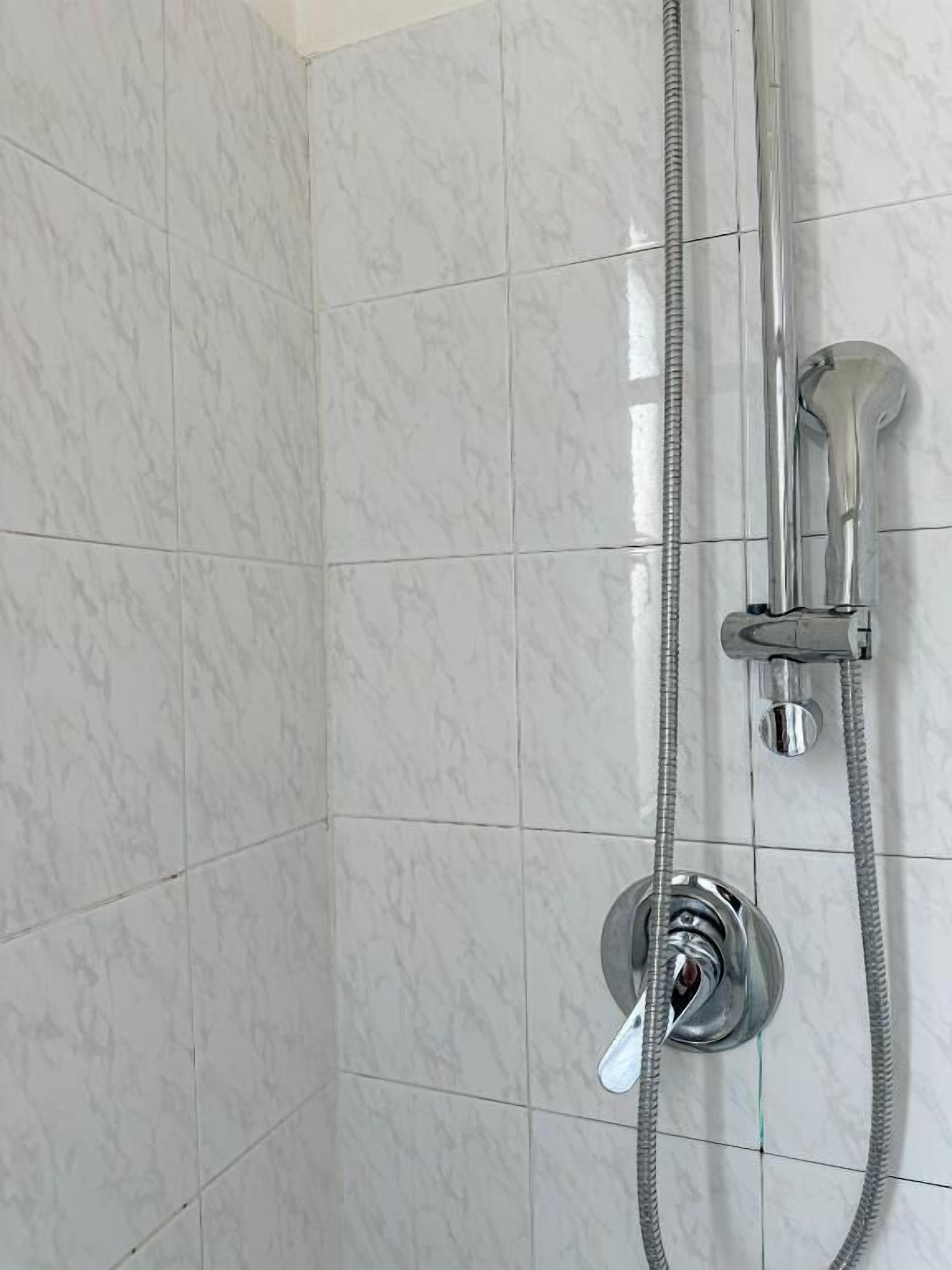 A shower with a handheld showerhead and a wall-mounted faucet.
