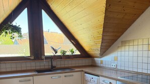 A kitchen with a sloped ceiling, a washing machine, an oven, and a window with potted plants. - Beautiful garden apartment with a view of the Hegau countryside. (Singen (Hohentwiel))