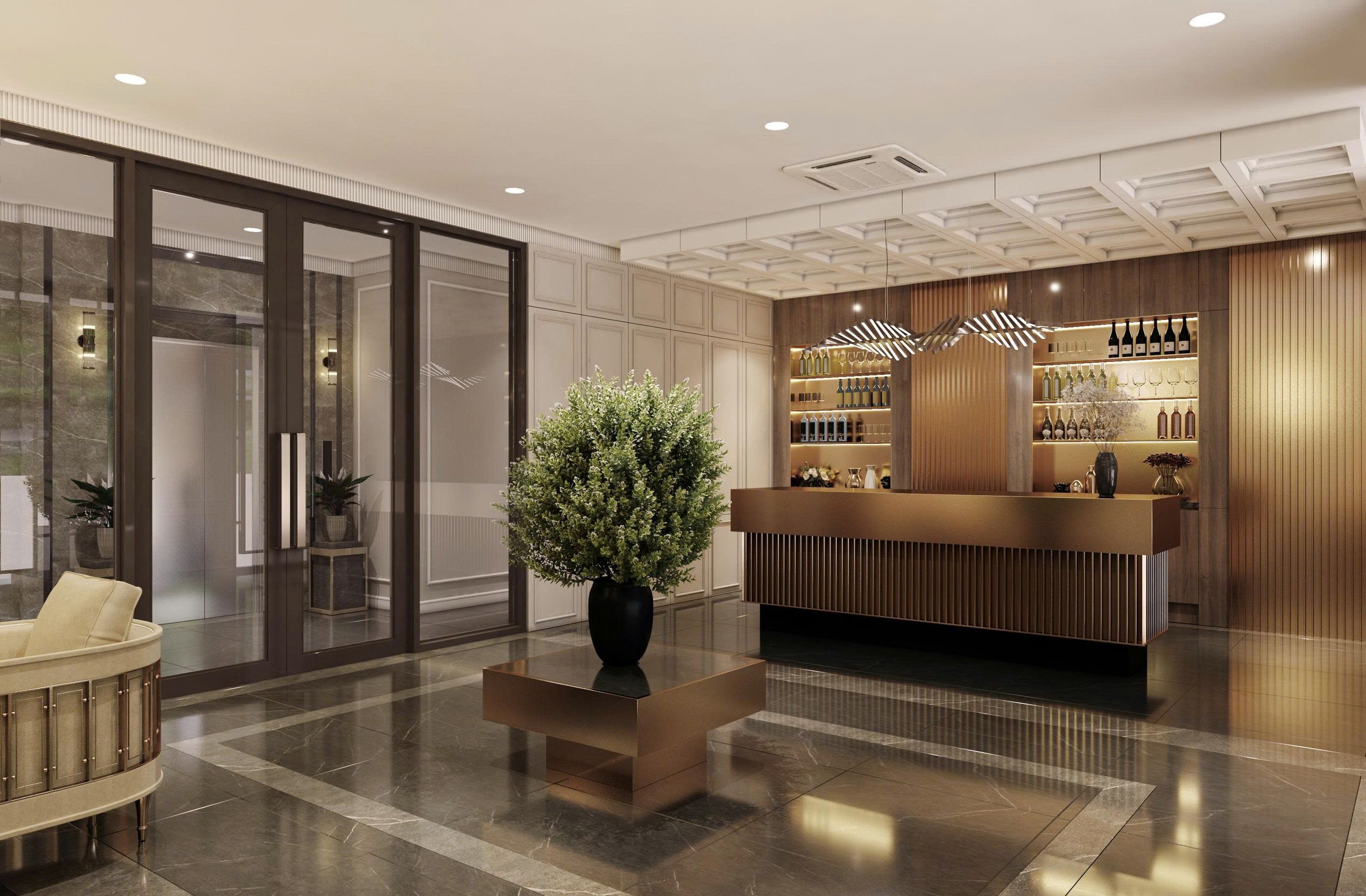 A modern hotel lobby with a reception desk, a potted plant, and a seating area.
