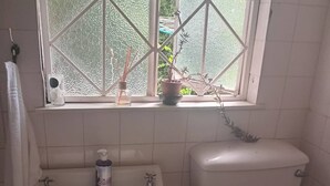 A bathroom with a white sink, a toilet, and a window with a view of greenery. - Room-jasmin Cottage Brixton (Johannesburg)