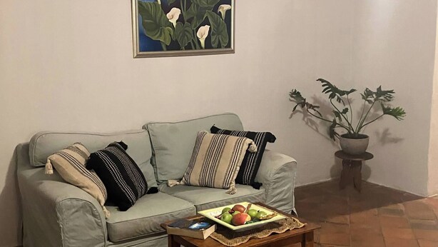A living room with a sofa, a coffee table with fruit, a framed painting, and a potted plant. - Room-jasmin Cottage Brixton (Johannesburg)