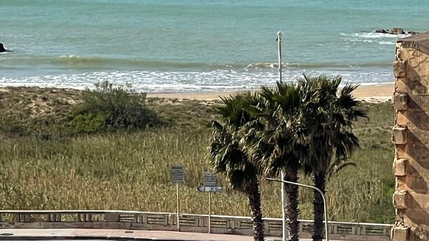 A coastal view with a beach, palm trees, and a stone building. - Gheloi Apartments (Gela)