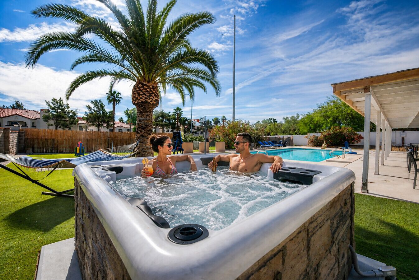 Soak under the stars in the bubbling hot tub and enjoy a perfect evening moment together after a full day of Vegas fun.
