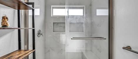 Shower, hair dryer, towels