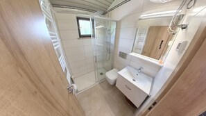 A modern bathroom with a glass shower enclosure, a toilet, a sink, and a mirror. - Peaceful apartment near Umag (Murine)